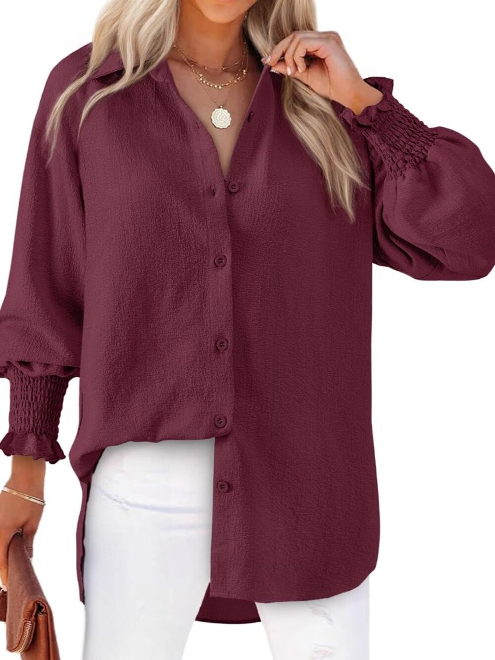 Women's Striped Button Down Shirts Long Sleeve Smocked Cuffed Oversized Boyfrien